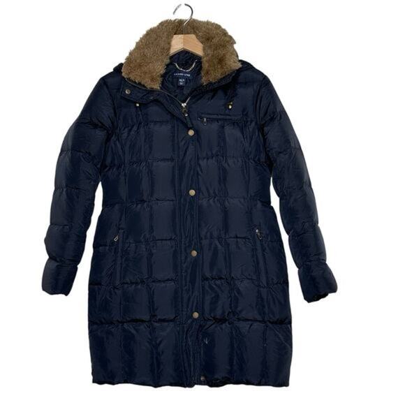 Lands End XS/P 2-4 Black Quilted Down Puffer Coat Jacket Faux Fur Removable trim - Picture 1 of 8